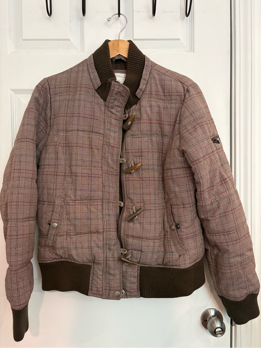 Women’s Aeropostale Plaid Toggle Bomber Jacket in Taupe with Brown Trim
